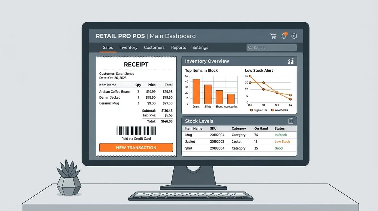 Illustrated desktop monitor showing a mock POS dashboard with receipt and charts