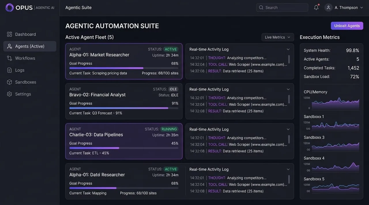 Dark dashboard mockup with AI agent status cards, activity logs, and metric charts