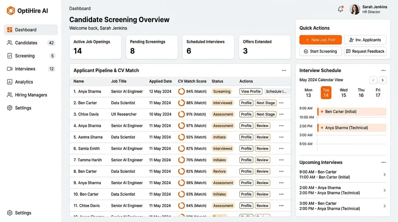 OptiHire AI dashboard showing candidate screening pipeline and interview schedule