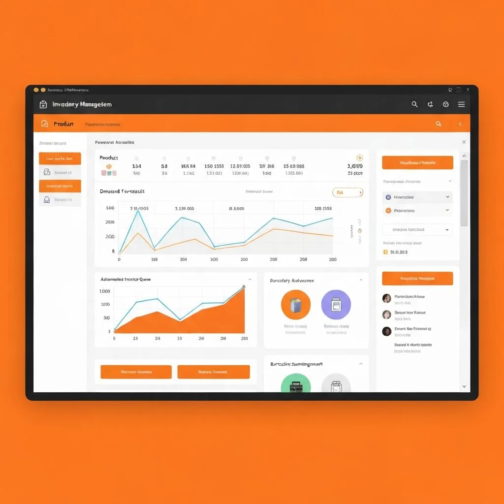 Stylized dashboard mockup with charts, sidebar, and orange accents