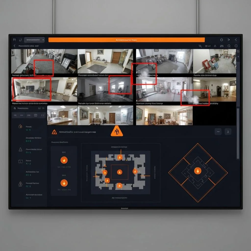 Dashboard mockup with camera feed grid, red alert boxes, and flame-marked floor plan