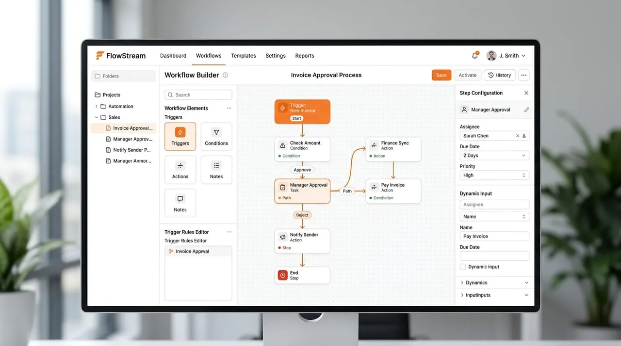 Screenshot of a workflow builder interface showing an invoice approval flowchart
