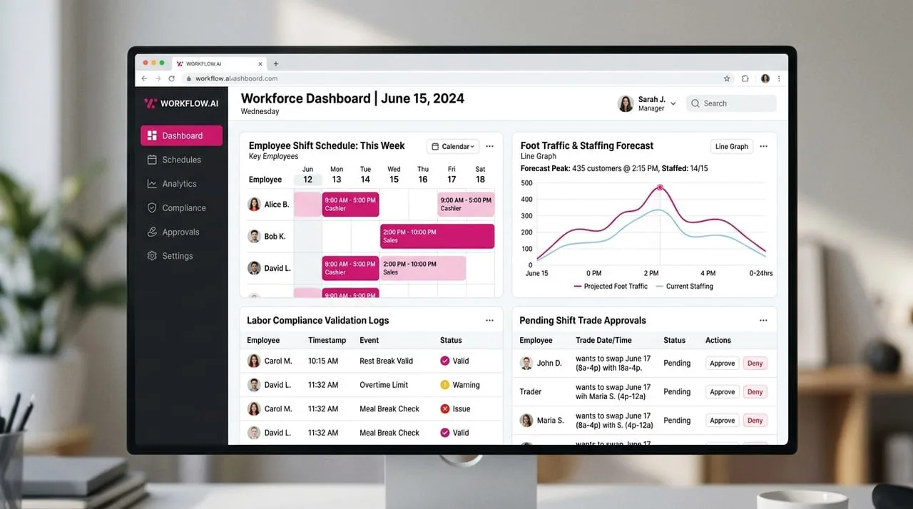 Dashboard mockup showing staff schedules, staffing forecast graph, and compliance logs